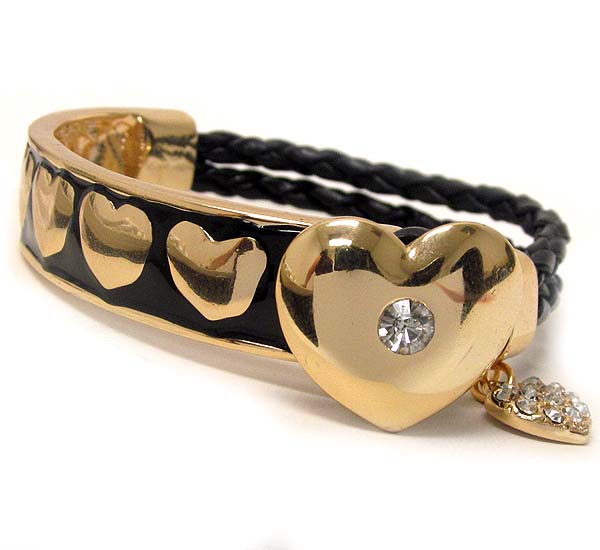 Crystal center deco heart and half woven leatherette and half metal casting band bracelet