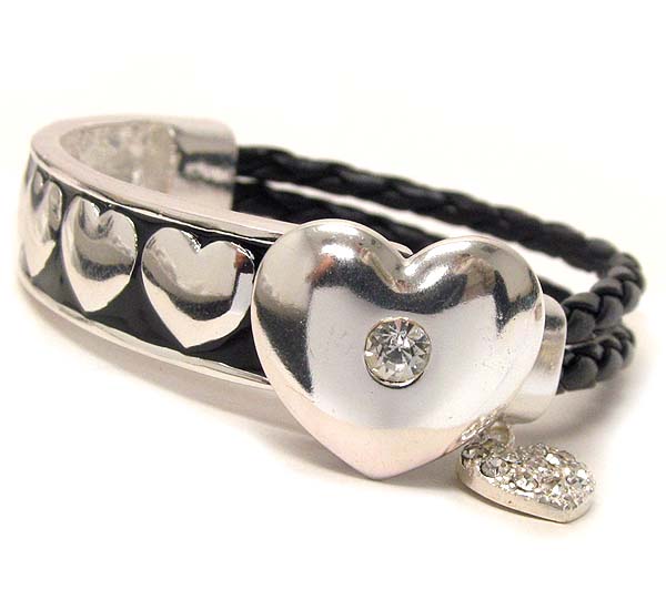 Crystal center deco heart and half woven leatherette and half metal casting band bracelet