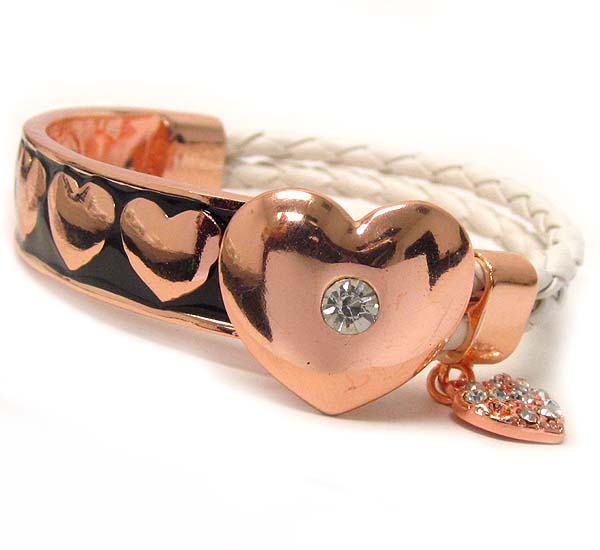 Crystal center deco heart and half woven leatherette and half metal casting band bracelet