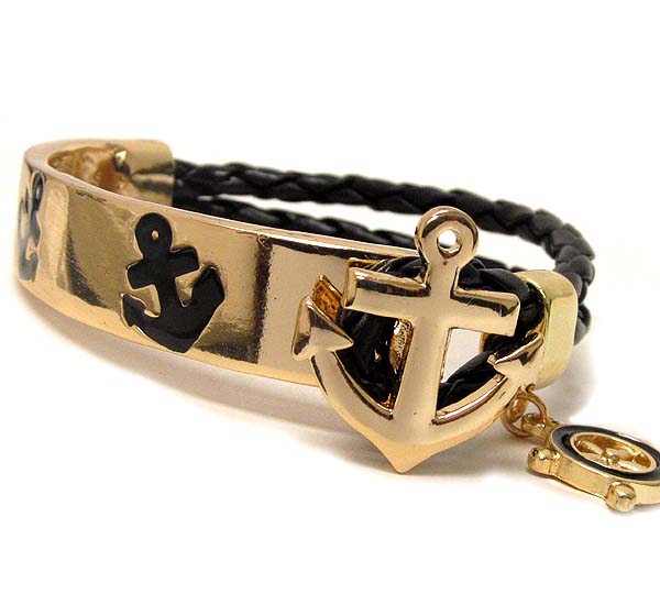 Anchor theme half woven leatherette and metal casting band bracelet