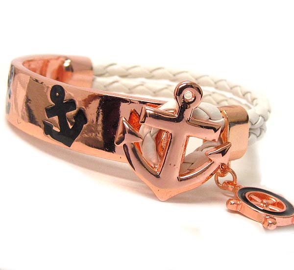 Anchor theme half woven leatherette and metal casting band bracelet