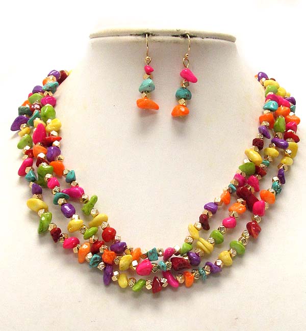 Multi natural stone and metal seed bead triple chain necklace earring set