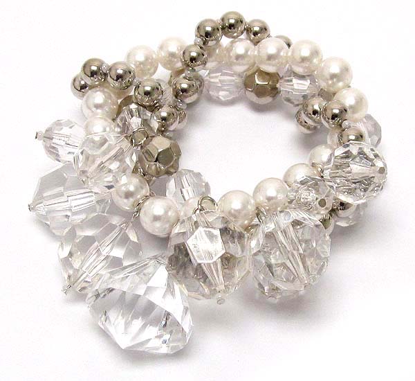 Multi twist pearl and metal balls with clear acryl tear drop and ball charm dangle stretch bracelet