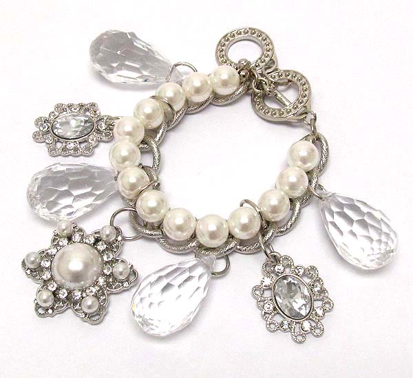 Crystal pearl and chain with clear acryl tear drop and crystal metal flower charm dangle toggle bracelet