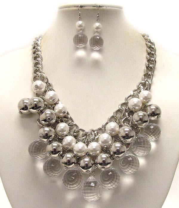 Multi pearl and metal balls with clear acryl tear pattern three layer drop chain necklace earring set