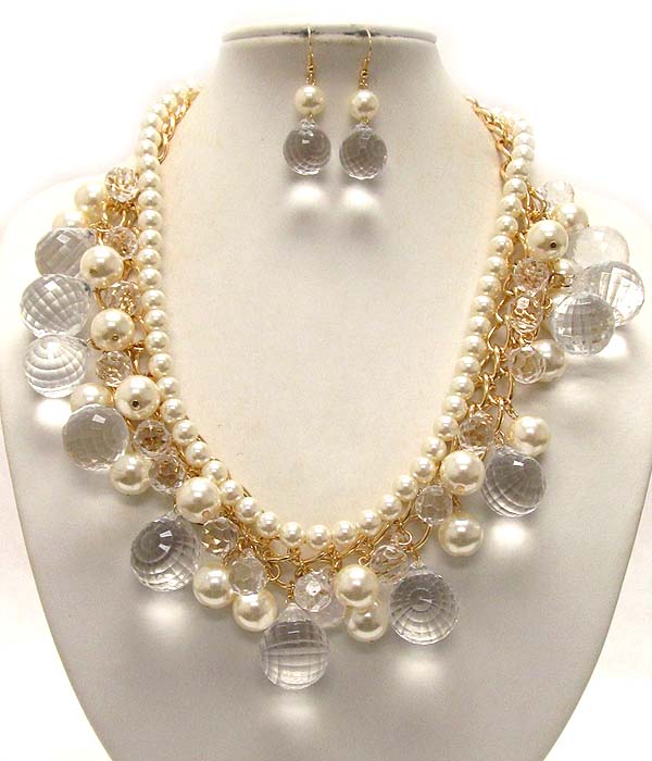 Multi pearl and metal balls with clear acryl tear pattern three layer dangle drop chain necklace earring set