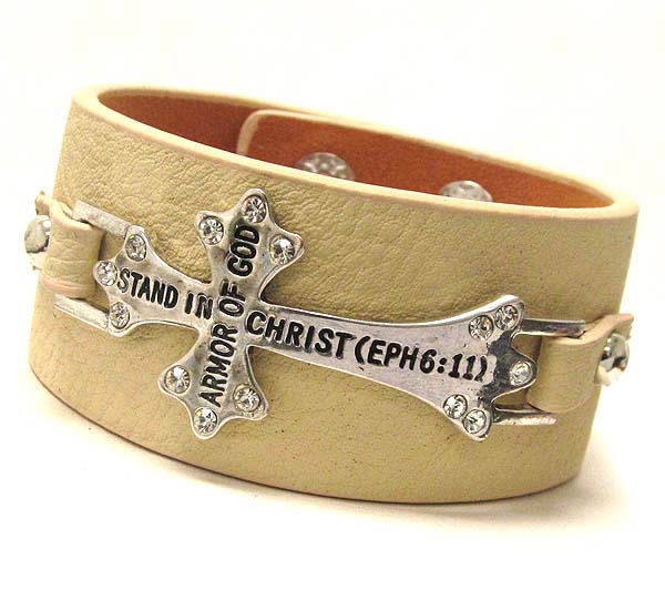 Crystal and message cross leatherette bracelet