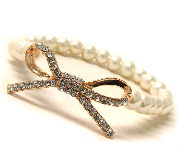 Crystal ribbon and stretch pearl chain bracelet