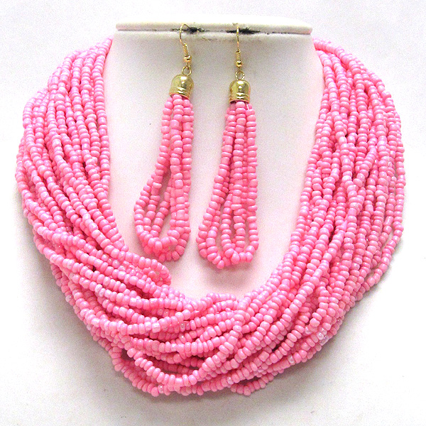 Multi seed bead chain colored necklace earring set