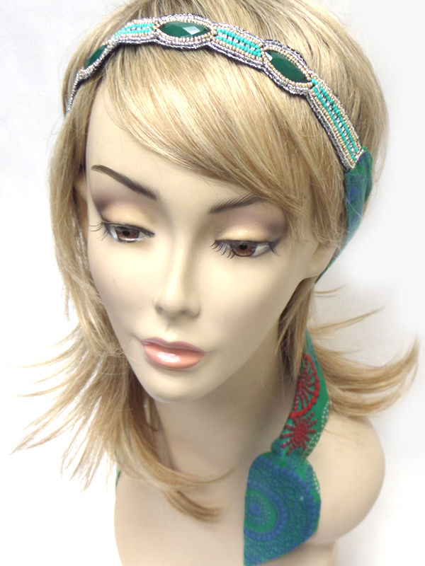 Handmade multi seed beads silk type with pattern tie headband 