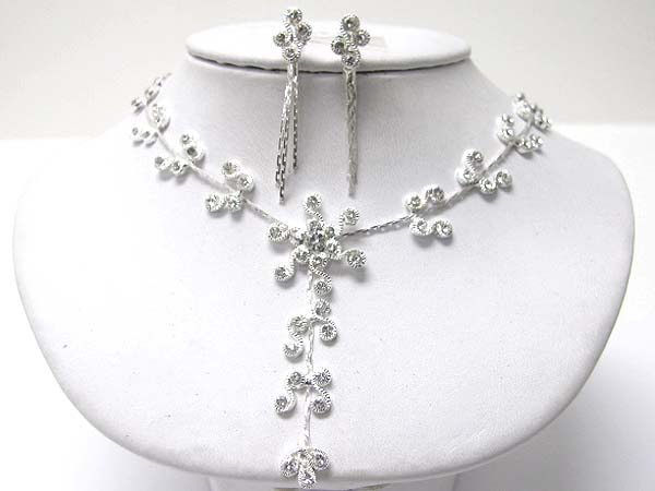 Rhinestone flower y drop necklace earring set