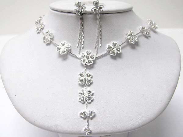 Rhinestone clover y drop necklace earring set