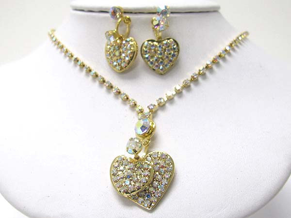 Dual crystal heart pendant rhinestone necklace earring set