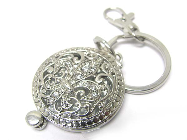 Crystal fleur de lis filigree round metal locket key chain charm