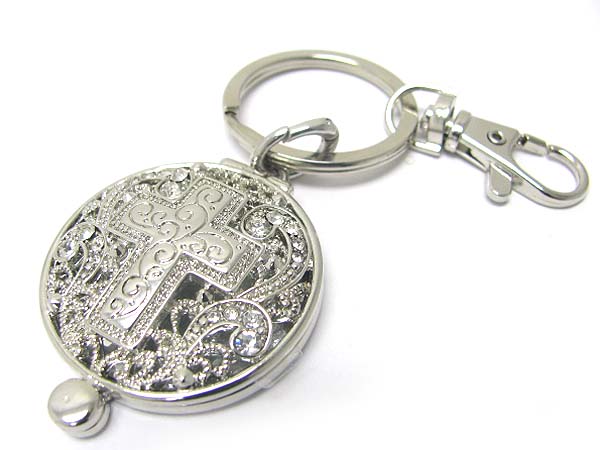 Crystal cross filigree round metal locket key chain charm