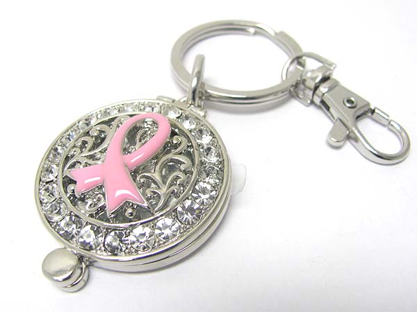 Crystal pink ribbon filigree round metal locket key chain charm - breast cancer awareness