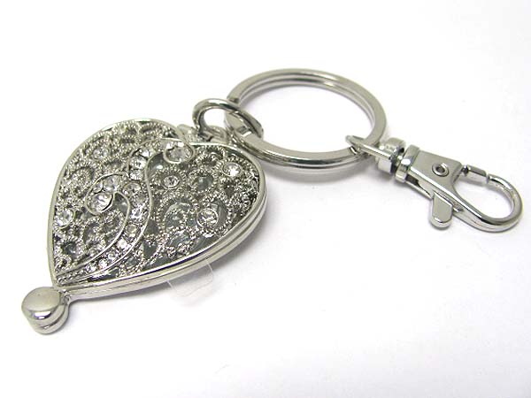 Crystal filigree heart metal locket key chain charm