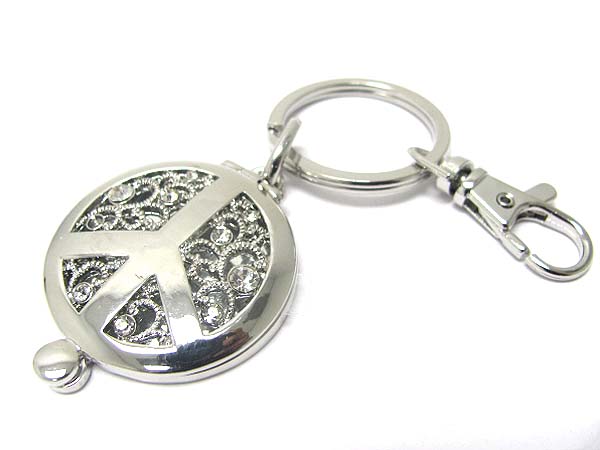 Crystal peace mark filigree round metal locket key chain charm