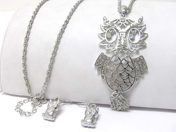 Crystal drop owl pendant neckalce earring set