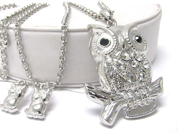 Crystal drop owl pendant neckalce earring set