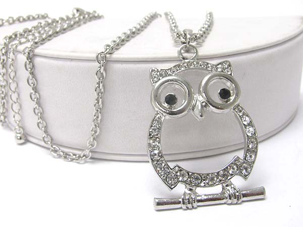 Crystal drop owl pendant long neckalce