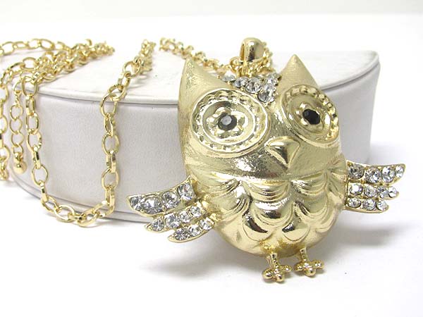 Crystal drop owl pendant long neckalce