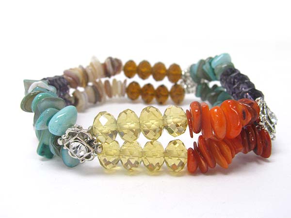 Natural chip stone and crystal cut glass beads stretch bracelet