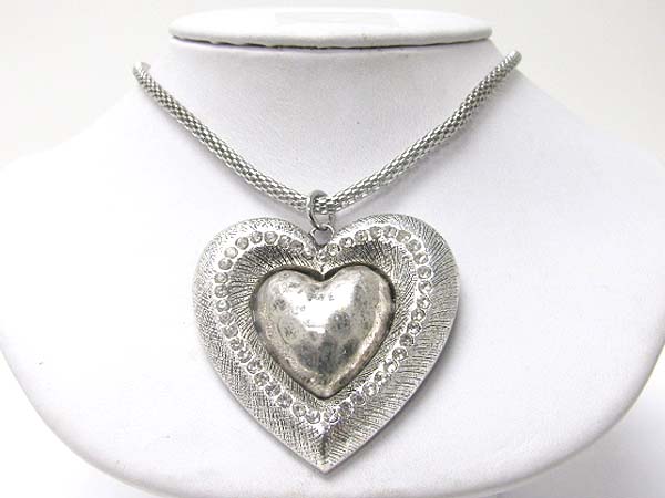 Crystal stud scratch metal heart pendant necklace