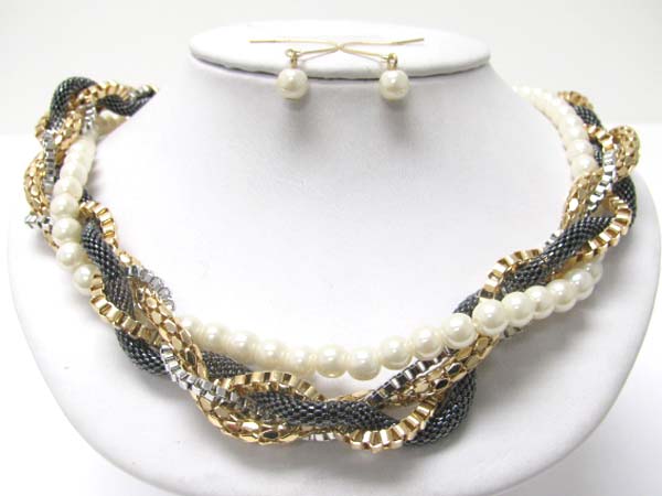 Pearl ball and braided metal box chain necklace earring set