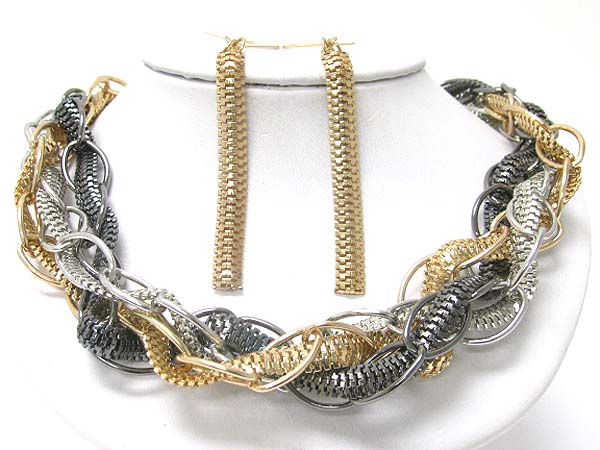 Braided mixed chain necklace earring set