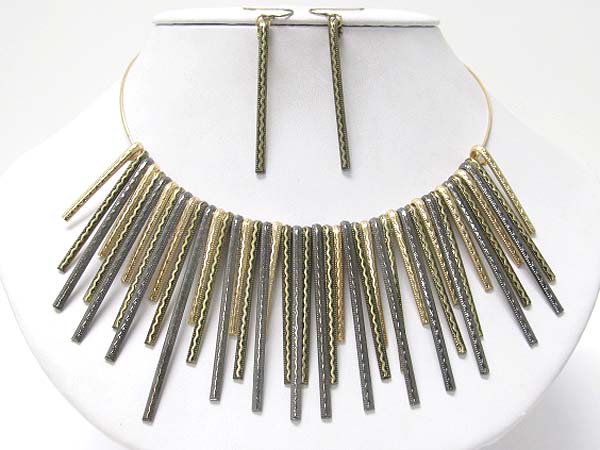 Multi textured metal bar drop necklace earring set