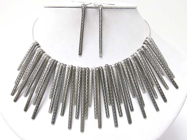 Multi textured metal bar drop necklace earring set