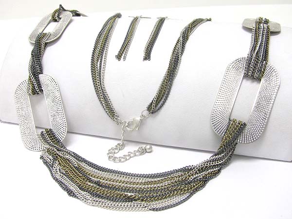 Multi metal chain link long necklace earring set 