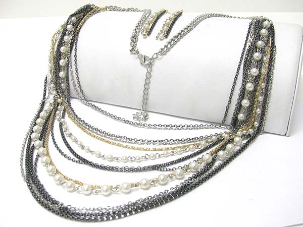 Multi metal chain and pearl link long necklace earring set