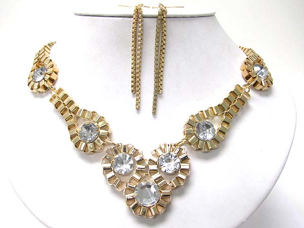 Crystal stud metal box chain necklace earring set