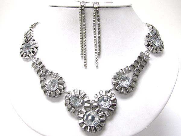 Crystal stud metal box chain necklace earring set