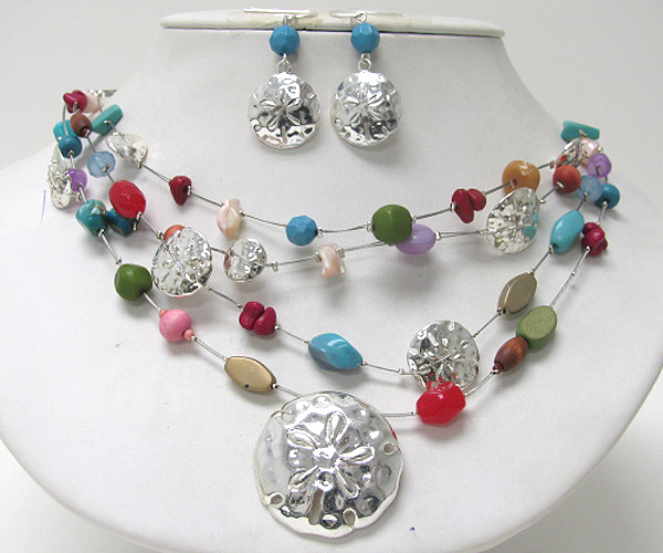 Round flower pendant and multi stone and wired chain necklace earring set