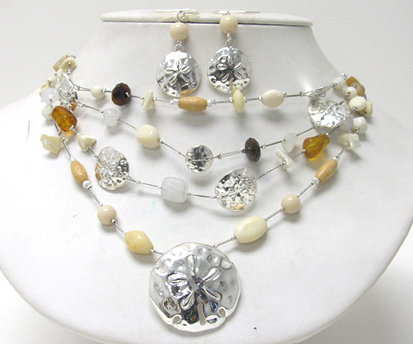 Round flower pendant and multi stone and wired chain necklace earring set