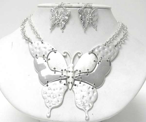 Large metal butterfly pendant necklace earring set