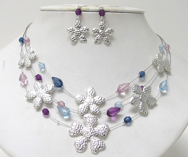 Multi pendant flowers and beads wired chain necklace earring set