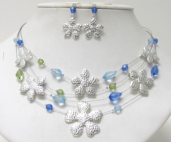 Multi pendant flowers and beads wired chain necklace earring set