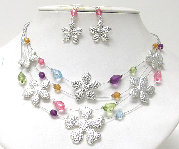 Multi pendant flowers and beads wired chain necklace earring set