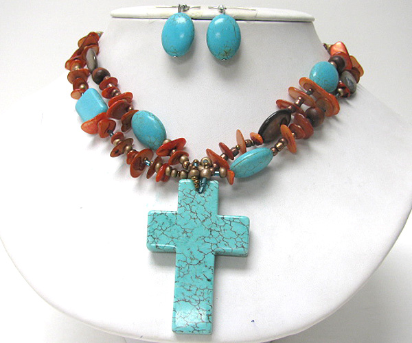 Multi natural stone and seed beads drop large turquoise stone cross pendant necklace earring set