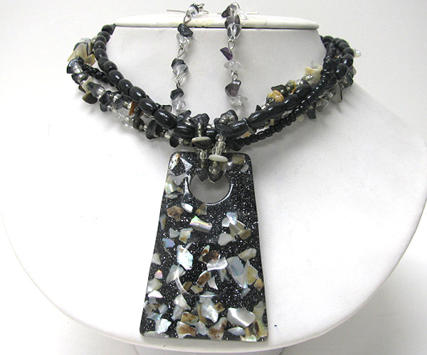 Multi chip stone and seed beads drop rectangle murano glass multi chain necklace earring set