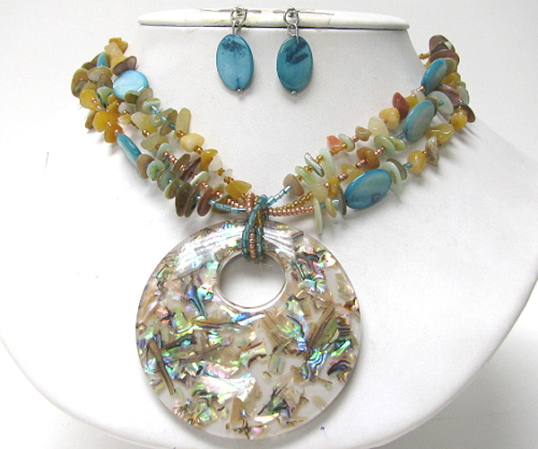 Multi chip stone and seed beads drop round murano glass multi chain necklace earring set