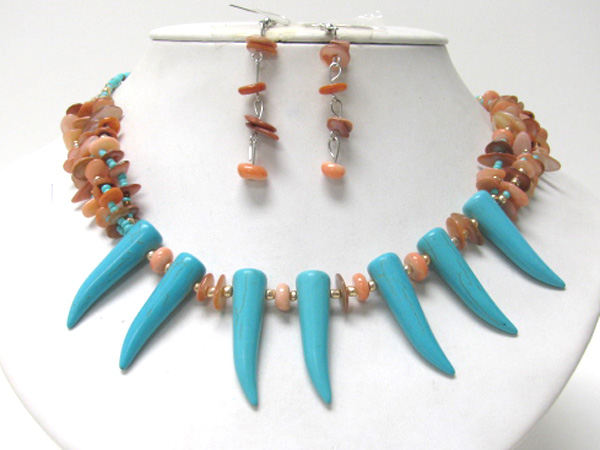 Multi chip stone and seed beads drop multi tusk chain necklace earring set