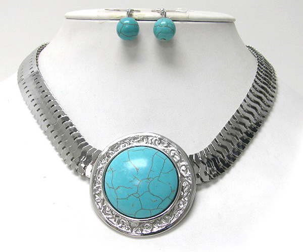 Round turquoise stone  metal casting chain necklace earring set