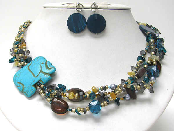 Multi seed beads and acryl cluster  side large turquoise elephant chain necklace earring set