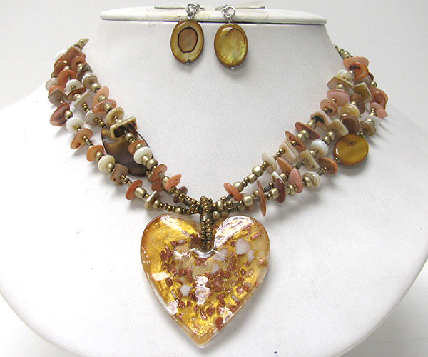 Multi seed beads and chip stone drop murano heart chain necklace earring set