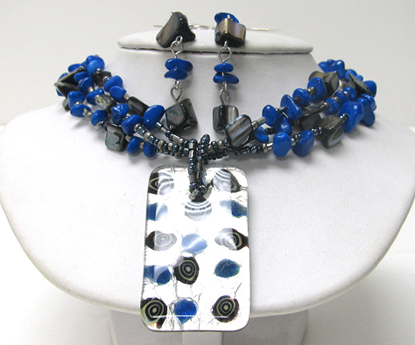 Multi seed bead and chip stone drop rectangle murano glass necklace earring set